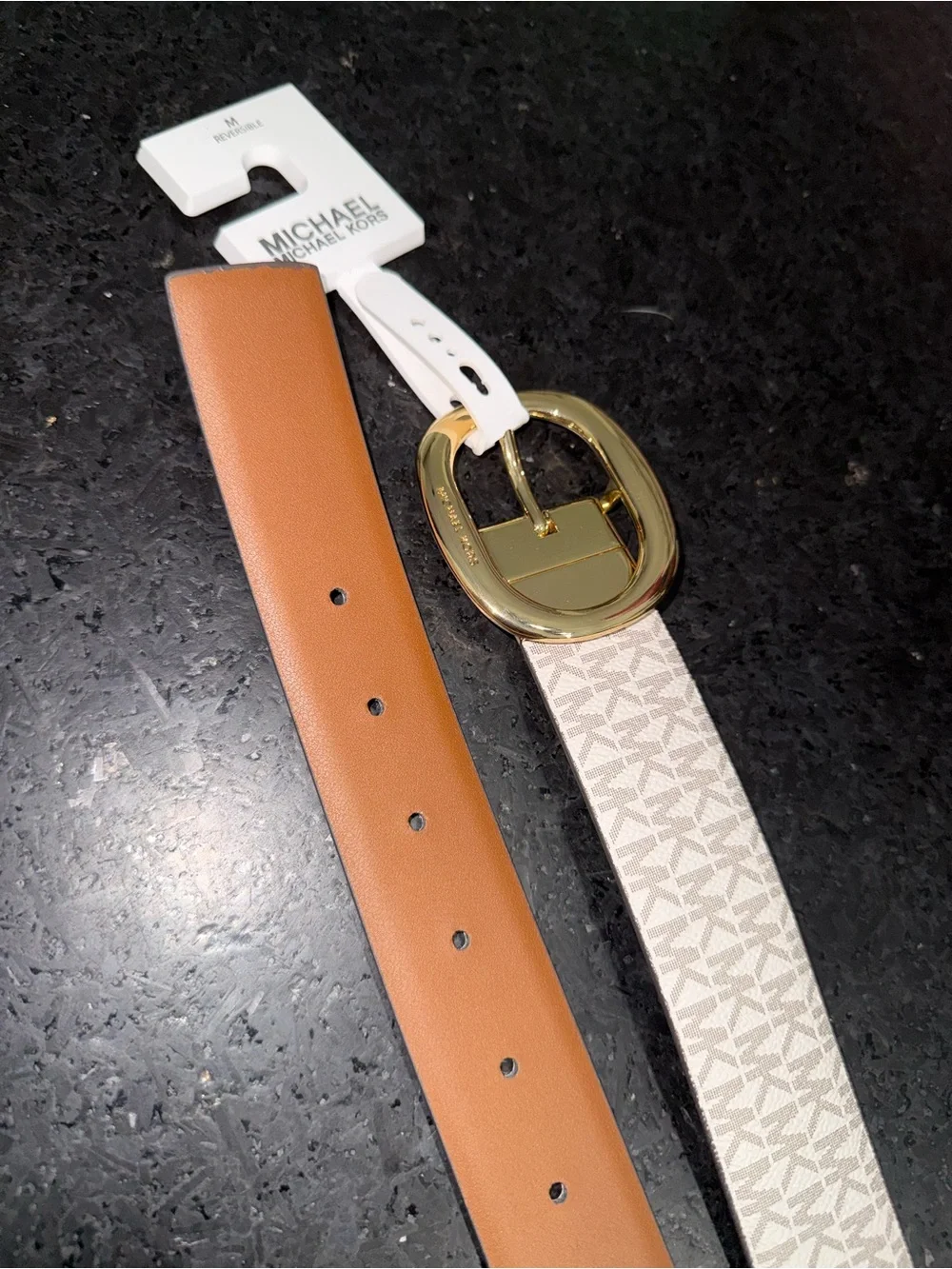 NEW Michael Kors REVERSIBLE Beige Logo & Cognac Brown Belt Gold Oval Buckle SZ M